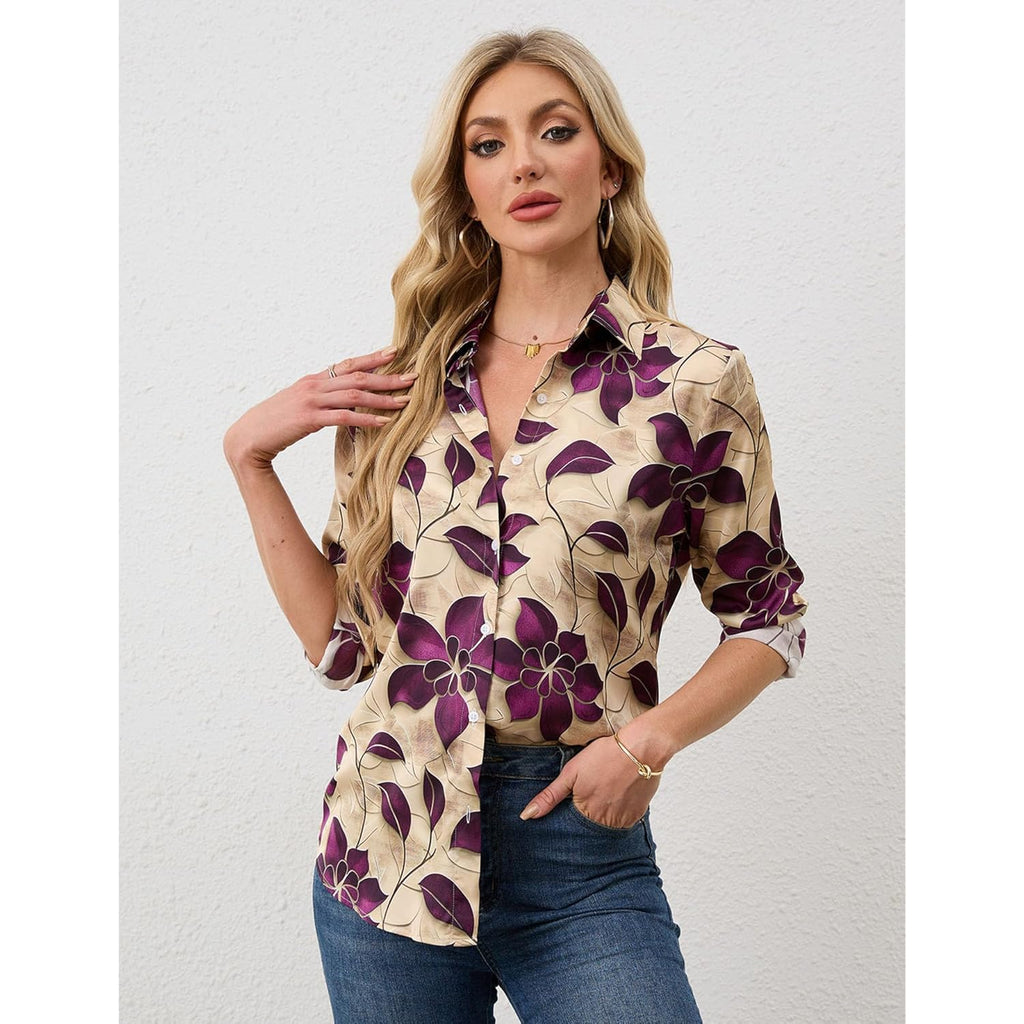 Wrinkle-Resistant Women Silky Button Down Shirts Fashion Printed Dressy Blouse Business Casual Long Sleeve Work Tops