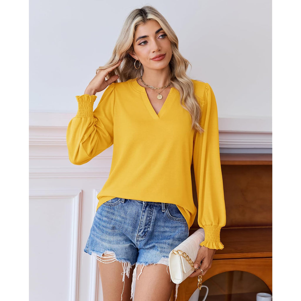 Uhiger Womens Tunic Tops Long Sleeve Blouses for Women Dressy Casual V Neck Tops Shirts Trendy with Smocked Cuffs