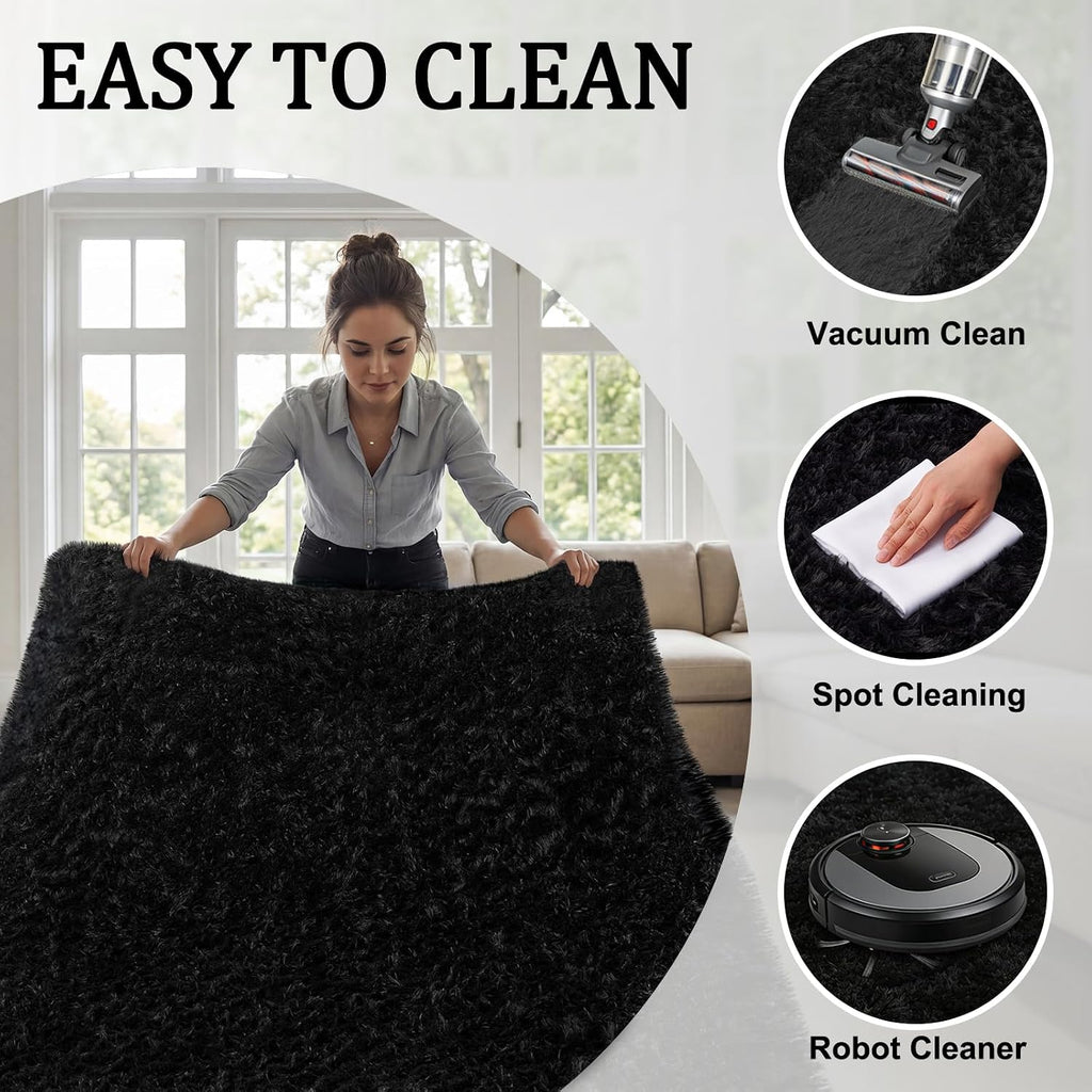 Area Rug For Living Room Bedroom: 5X7 Soft Fluffy Shag Rugs Upgrade Non-Slip High Pile Carpet Large Fuzzy Plush Indoor Floor Shaggy Carpets For Nursery Kid Playroom Office Dorms Home Decor Black