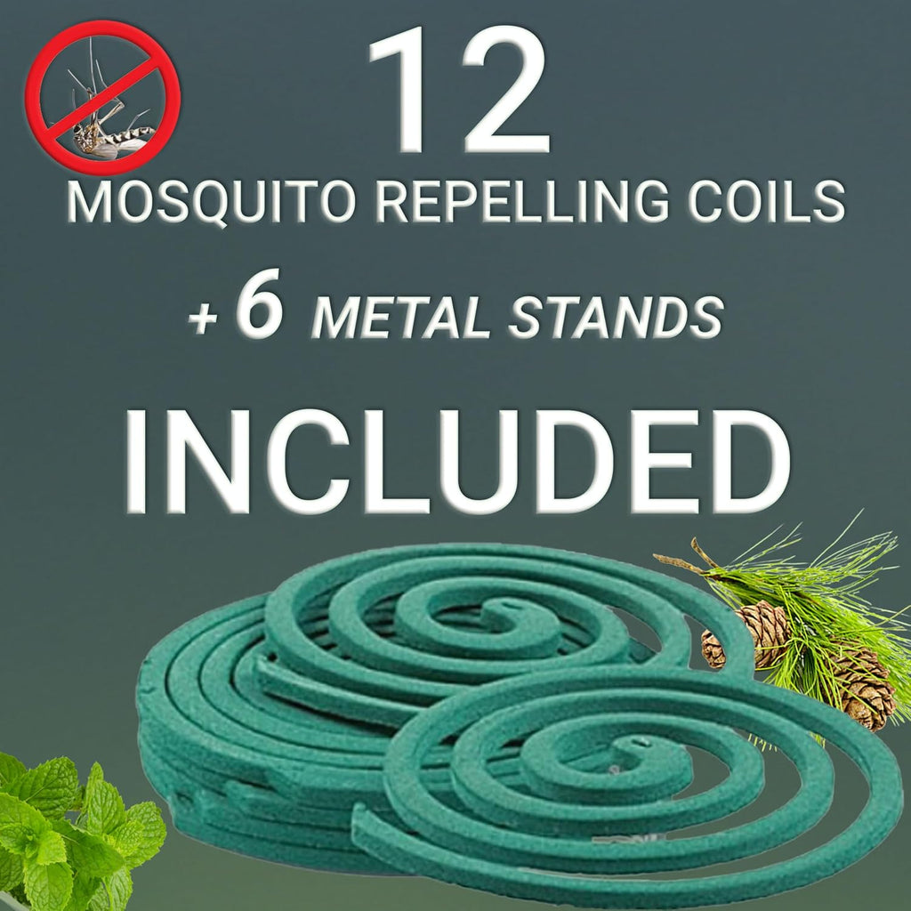 W4W Mosquito Repellent Coils - Outdoor Use Reaches Up To 10 Feet - Each Burns For 5-7 Hours (Three Pack Contains 12 Coils & 6 Stands)