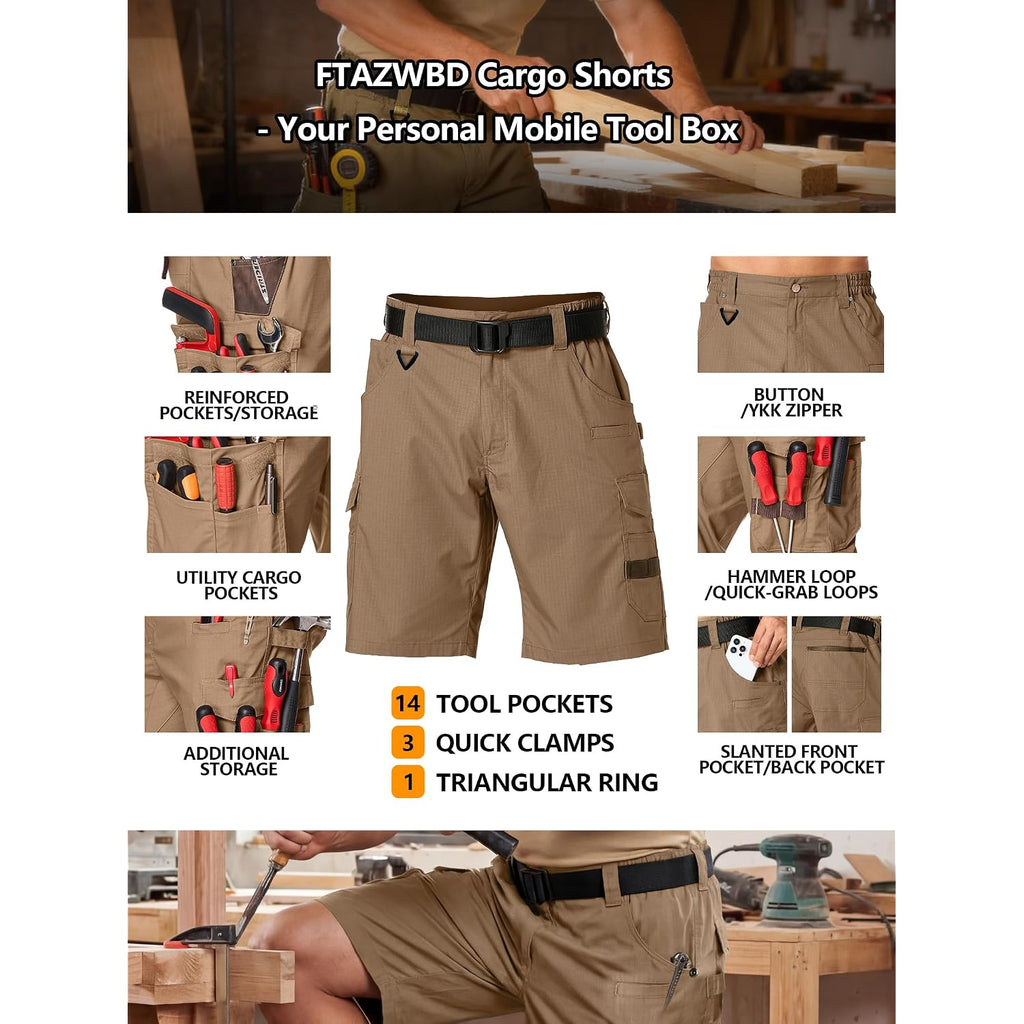 Men'S Cargo Work Shorts Water Resistant Ripstop Tactical Tool Shorts For Outdoor Hiking Fishing With 14 Pockets(No Belt)