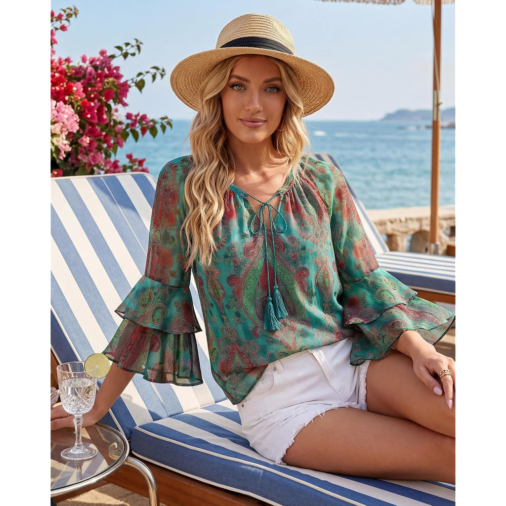 Bebonnie Womens Ruffle Sleeve Casual V Neck Layers Boho Tops Tassel Tie Front Floral Chiffon Blouses