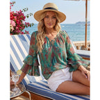 Bebonnie Womens Ruffle Sleeve Casual V Neck Layers Boho Tops Tassel Tie Front Floral Chiffon Blouses