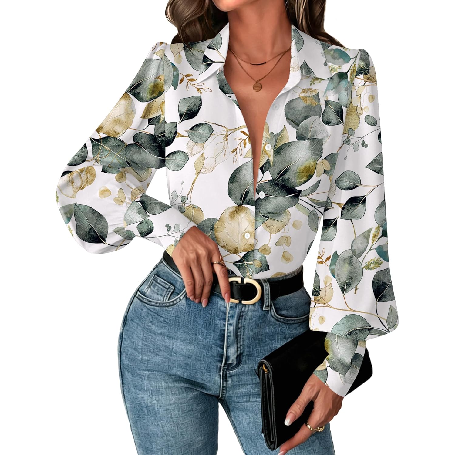 Women Button Down Shirts Lantern Long Sleeve Tops Business Casual Chiffon Blouses Trendy Work Clothes