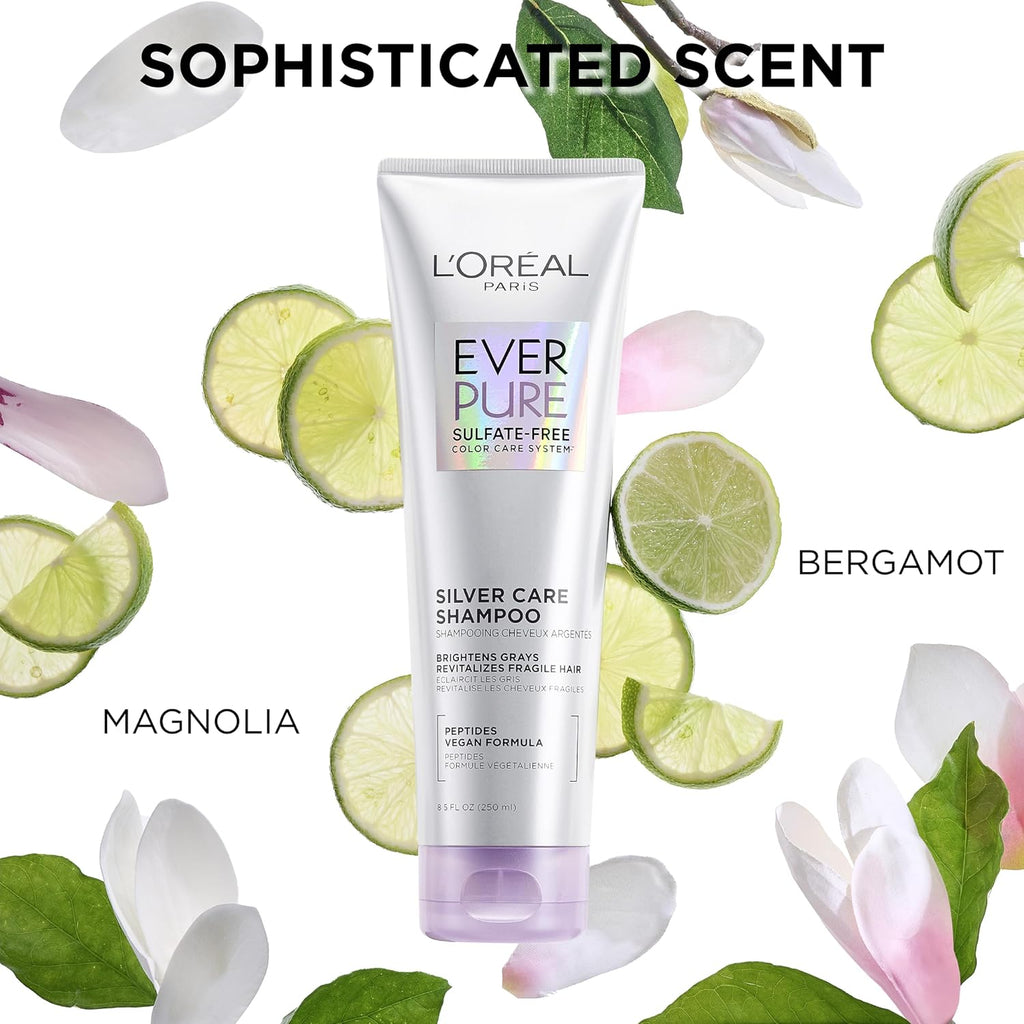 L'Oreal Paris Everpure Brightening And Nourishing Shampoo For Gray Hair, Sulfate-Free Vegan Formula With Peptides, 8.5 Fl Oz
