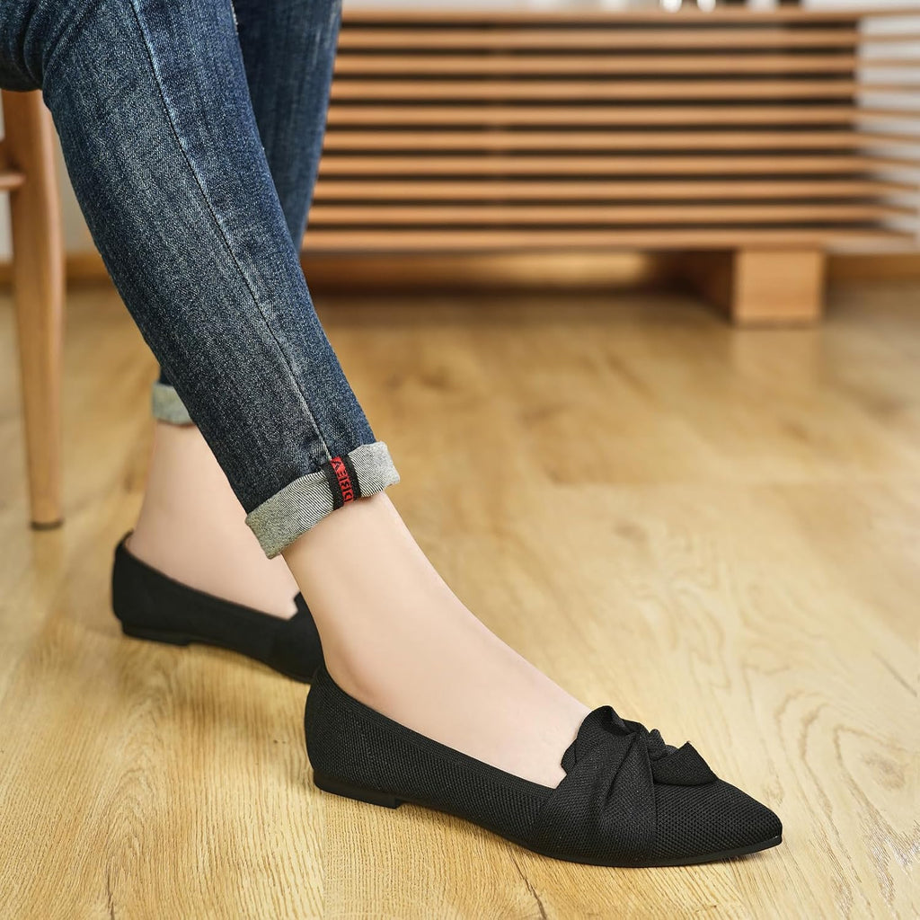 Hiulycence Flats For Womens Pointed Toe Ballet Flats With Bow Comfortable Knit Dressy Flats