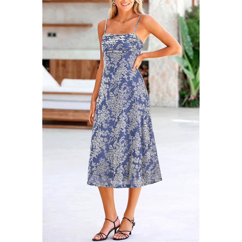 Women's Summer Dress Sleeveless Spaghetti Strap Midi Dress Sexy Cowl Neck Floral Cocktail Dress Party Dresses