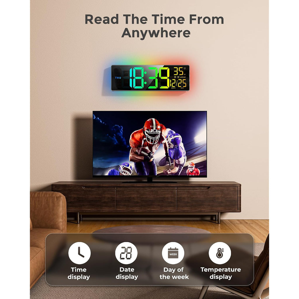 Easyera 16.5" Large Digital Wall Clock With Bt Sync, 11 Rgb Lights | 11 Scenes Mode Remote Control, Big Led Clock With Dual Alarms, Auto Dst, Temperature For Classroom Gaming