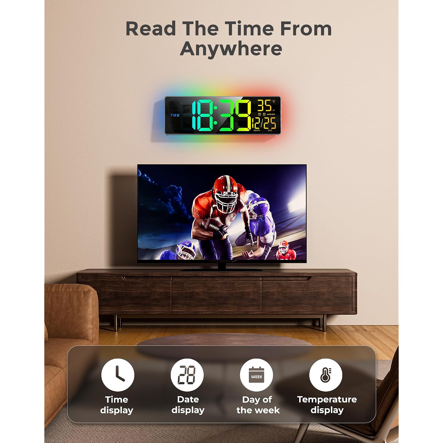 Easyera 16.5" Large Digital Wall Clock With Bt Sync, 11 Rgb Lights | 11 Scenes Mode Remote Control, Big Led Clock With Dual Alarms, Auto Dst, Temperature For Classroom Gaming