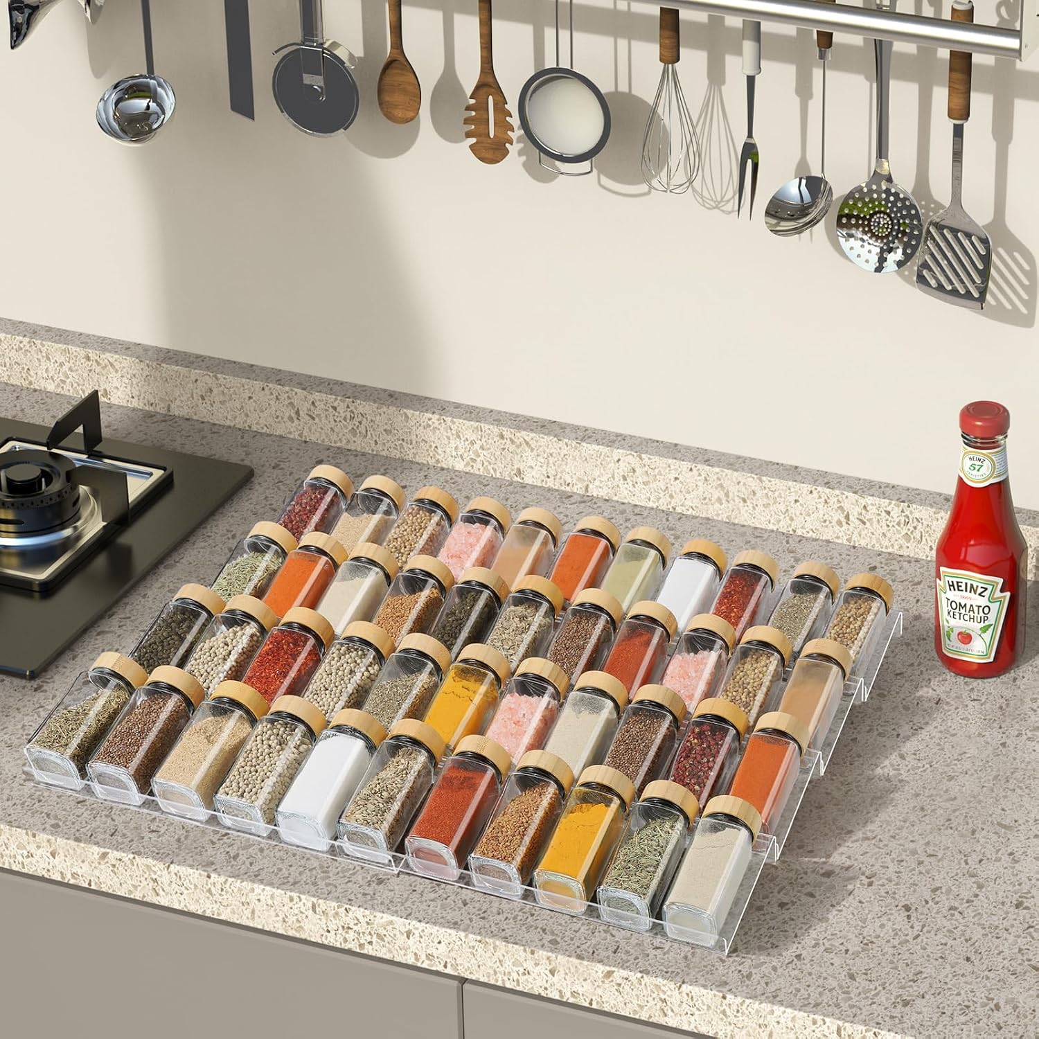 Suneerplay Spice Drawer Organizer 4 Tier, Acrylic Seasoning Organizer Rack, Clear Spice Rack Tray, Kitchen Seasoning Jars Drawers Insert (Jars Not Included/Expandable From 9" To 18")