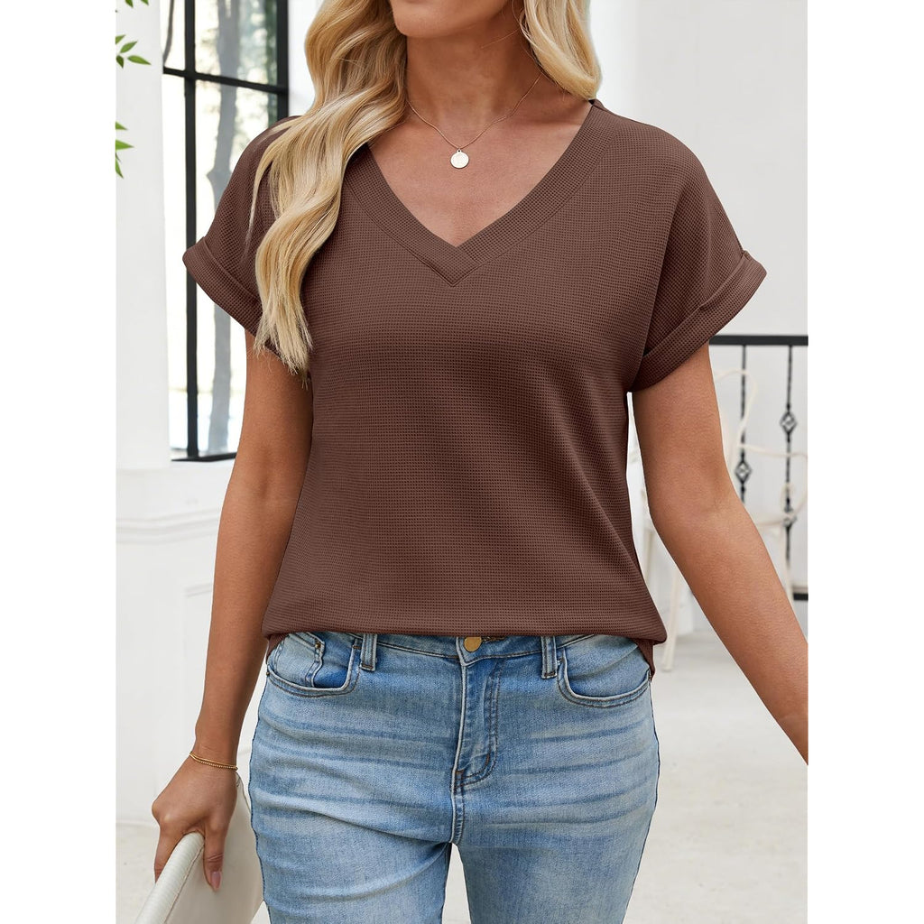 Anrabess Womens Waffle Knit Tops 2026 Summer Casual Short Sleeve V Neck T Shirts Basic Work Tee Spring Vacation Blouses