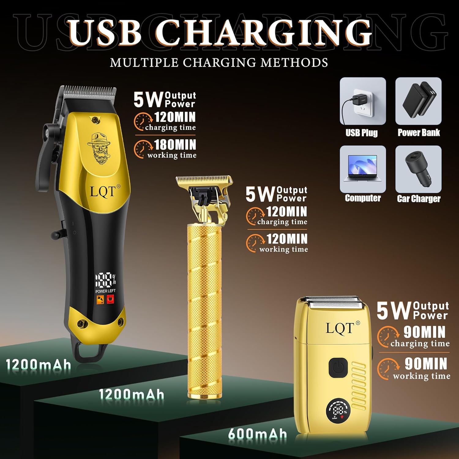 Hair Clippers for Men Professional, Beard Trimmer Kits & Sets, Electric Shavers, Hair Clippers & Trimmer Ceramic T-Blade, for Barber, Father Gifts for Men (Gold)