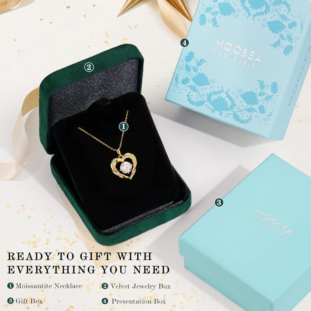 MOOSEA Mothers Day Gifts for Wife, 1-3 Carat Moissanite Heart Pendant Necklaces 925 Sterling Silver with Rhodium Plating Anniversary Birthday Gift for Women Eternity Jewelry Mothers Day Gifts