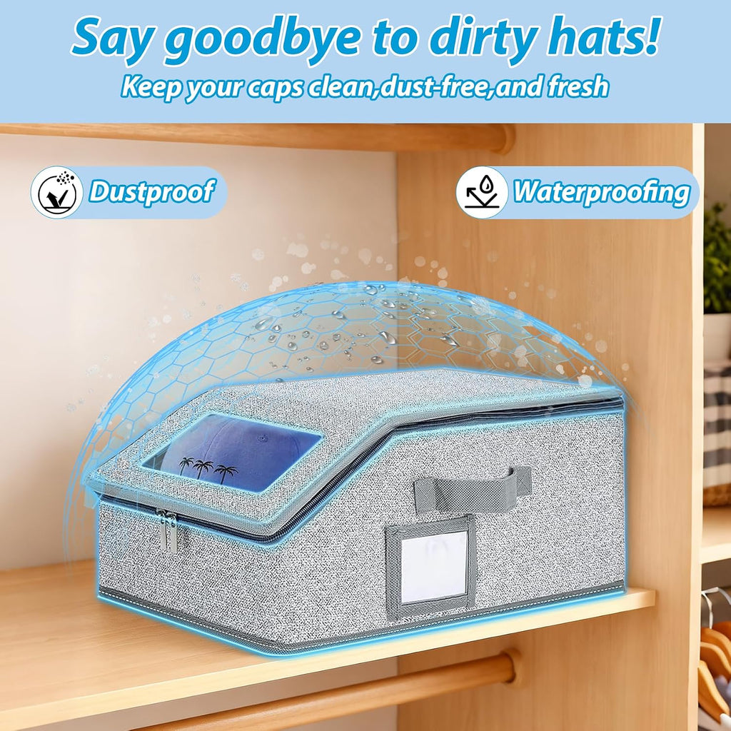 Hat Storage For Baseball Caps,2 Pcs Stackable Hat Storage Boxes Holds Up To 24 Caps Hat Organizer For Closet, Sturdy Snapback Hat Boxes For Women&Men With Clear Window For Closet, Grey