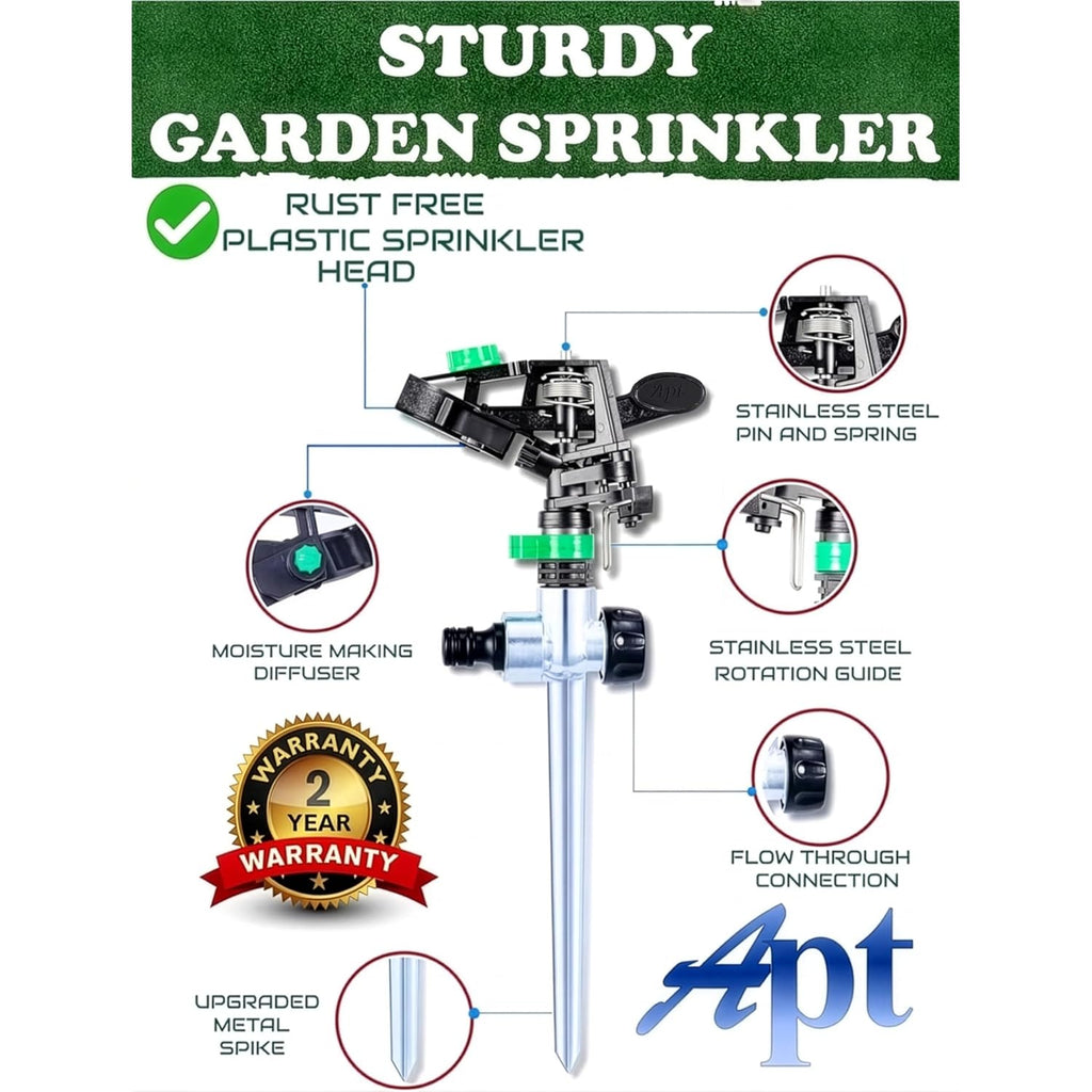 Apt Sprinklers For Yard Lawn & Garden| 80 To 5800 Sq Ft Adjustable (2-Pack) | Pulsating Impact Rotating Custom Pattern Commercial Farming Grade Water Saving Sprinkler With 4X Larger Droplets