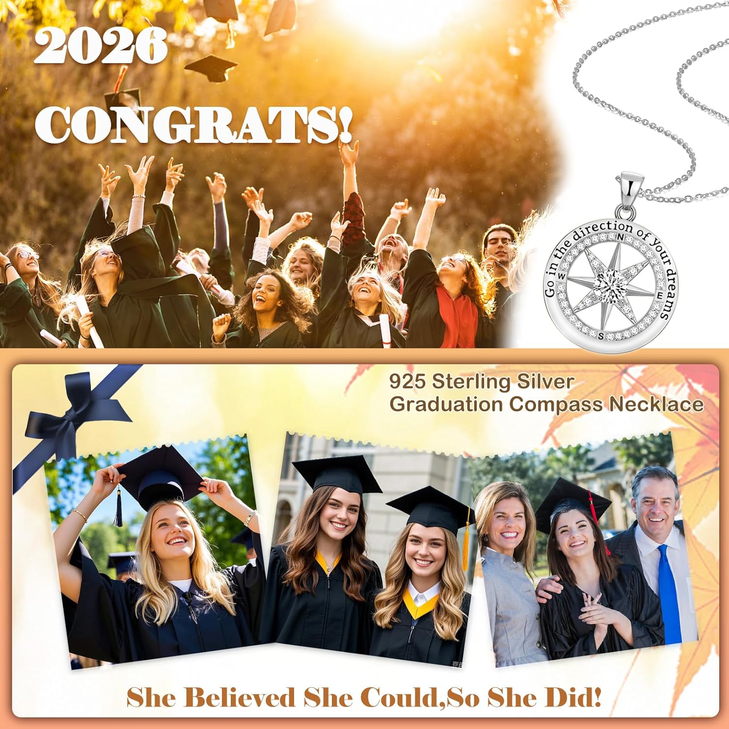 2026 Graduation Gifts for Her-925 Sterling Silver Graduation Compass Necklace College Graduation Gifts for Women Her Granddaughter Daughter 2026