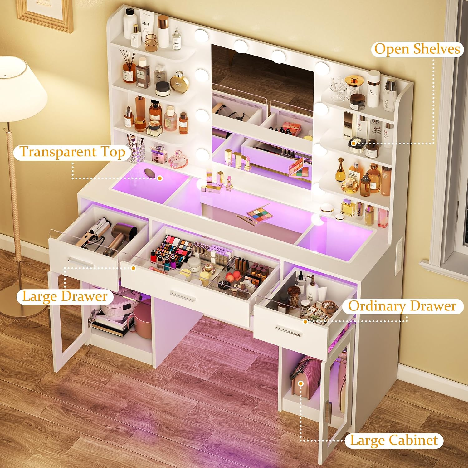 Vanity Desk, Makeup Vanity Desk With Mirror And Lights 3 Colors, Transparent Top With 3 Rgb Drawers, 6 Shelves, 2 Large Tempered Cabinets, Power Outlet, For Bedroom, White