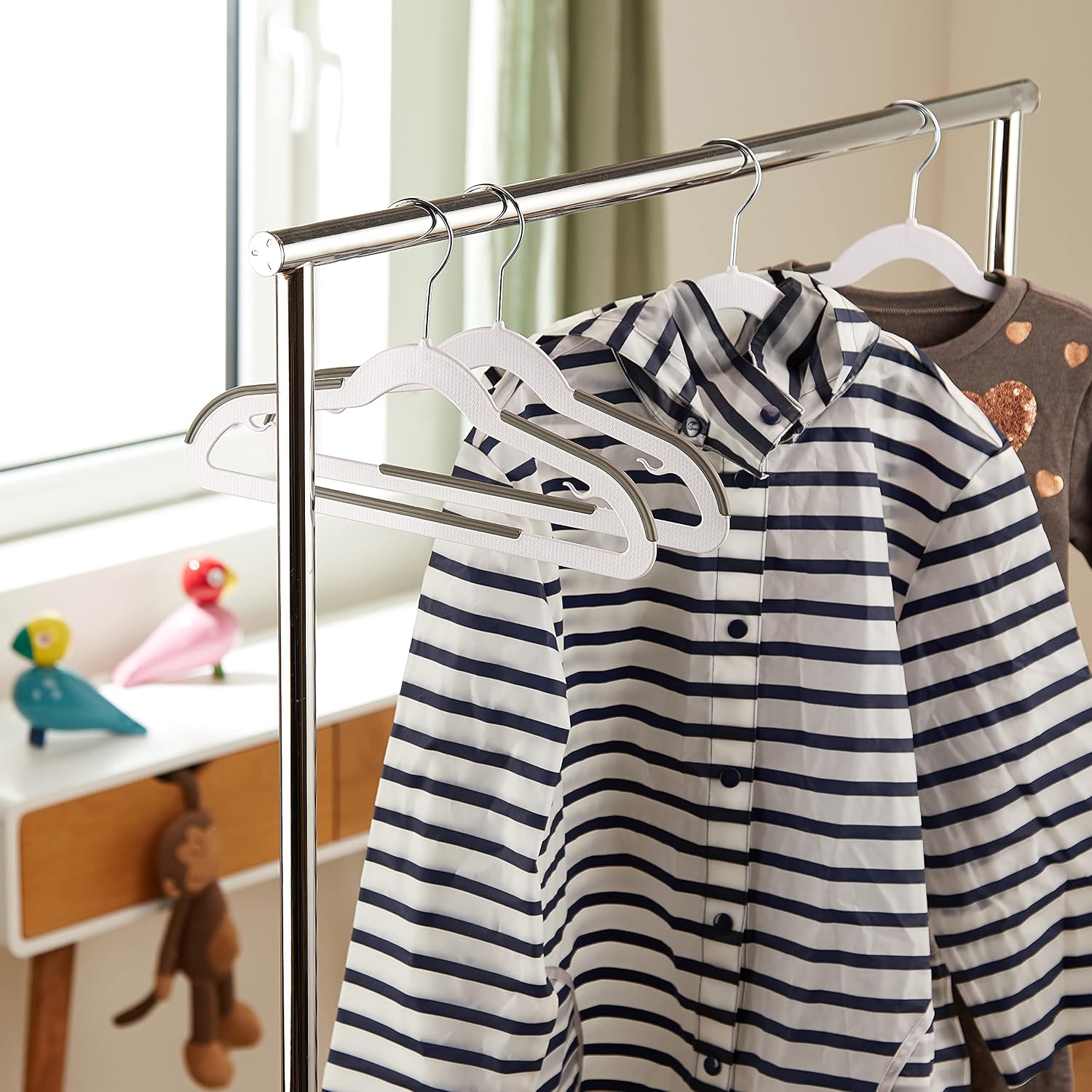 Amazon Basics Plastic Kids Clothes Hangers, Non-Slip, White And Black, 12.8" X 8" X 0.2", 30-Pack