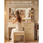 Comhoma Vanity Desk With 3-Way Mirror And Lights, Makeup Vanity With 360° View Mirror, 3 Lighting Modes, 6 Drawers,Storage Cabinet Fluted Wood Vanity Table With Jewelry Hook For Women Girls