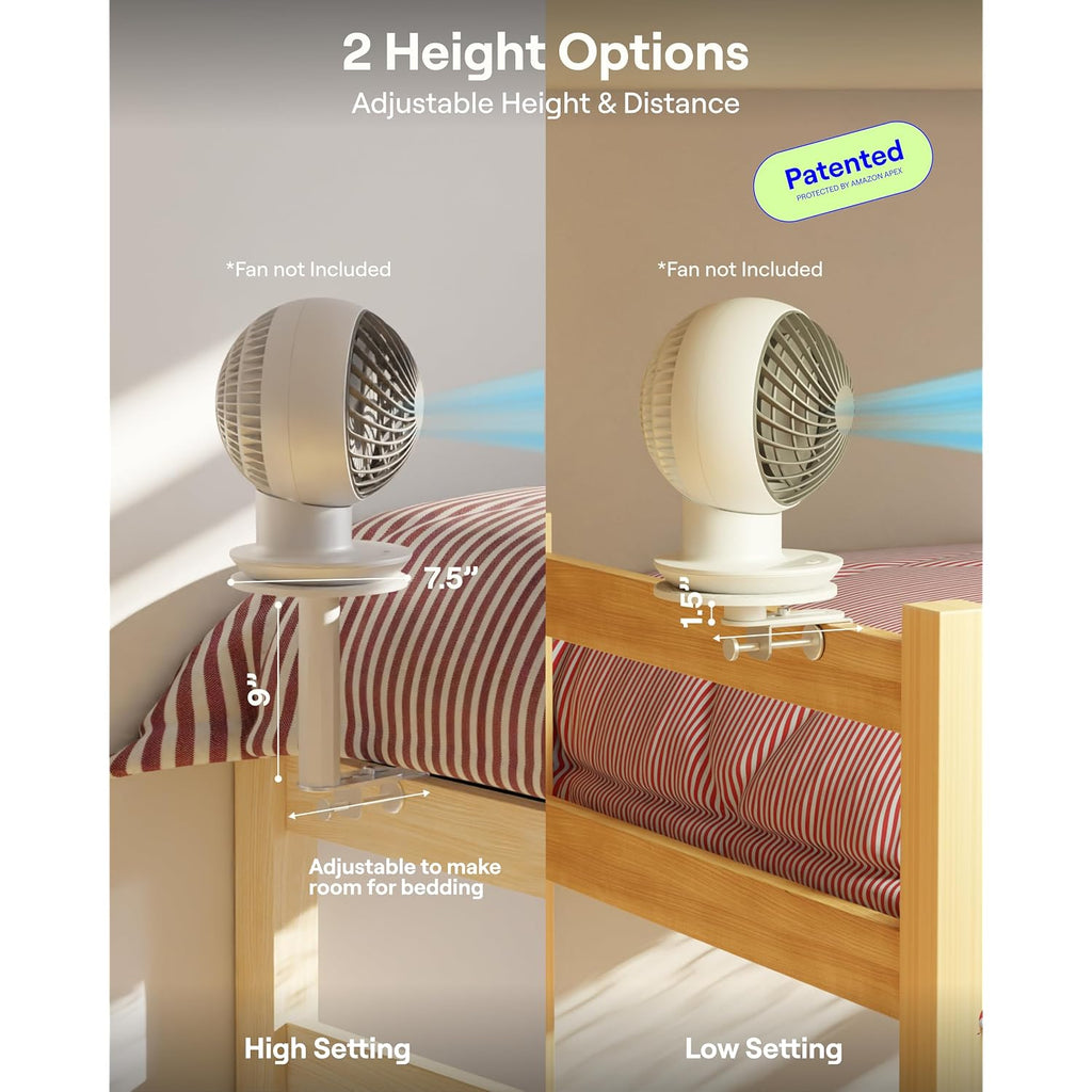 Fanshelfie Adjustable Fan Holder For Dorm Room, Bunk & Lofted Bed, College Essentials For Boys & Girls, Patented Height & Distance Design, Compatible With Popular Dorm Fans, 2 Height Options (White)