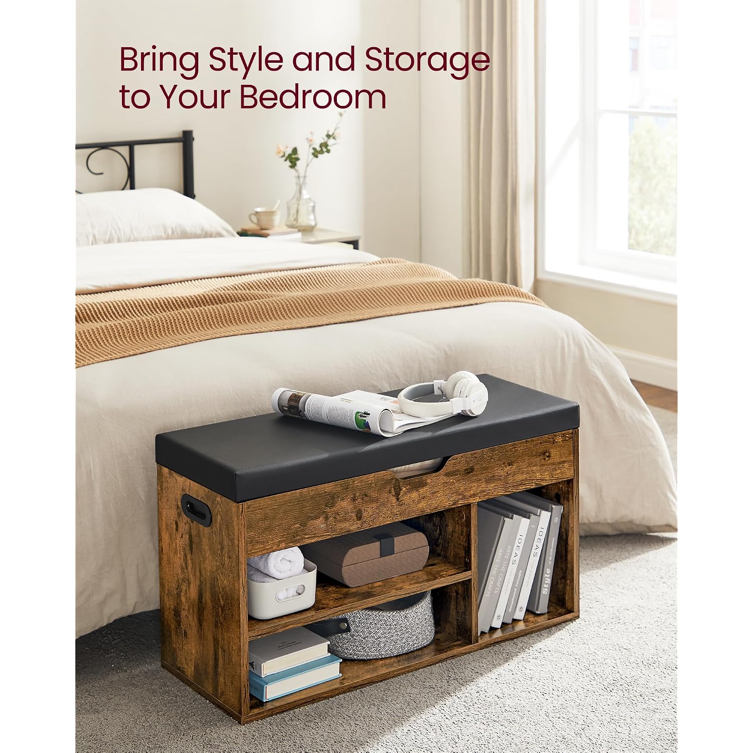 Vasagle Custos Collection - Storage Bench With Cushion, Shoe Bench, Padded Seat, Hidden Storage, Entryway, Hold Up To 300 Lb, 11.8 X 31.5 X 17.3 Inches, Rustic Brown And Ink Black Ulhs30Bx