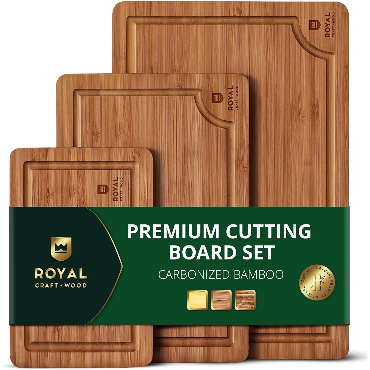 Royal Craft Wood Wooden Cutting Boards For Kitchen Meal Prep & Serving - Non Toxic Bamboo Wood Cutting Board Set With Deep Juice Groove Side Handles - Charcuterie & Chopping Butcher Block For Meat