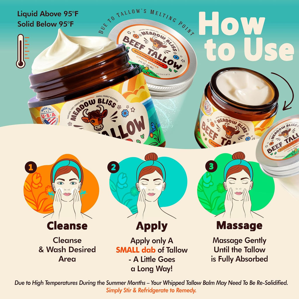 Beef Tallow For Skin - Moisturizer Cream - 100% Grass Fed - Whipped Beef Tallow - Organic Jojoba Oil - Organic Shea Butter - Supports Eczema, Rosacea+ - Made In Usa - Citrus Breeze - 2 Oz