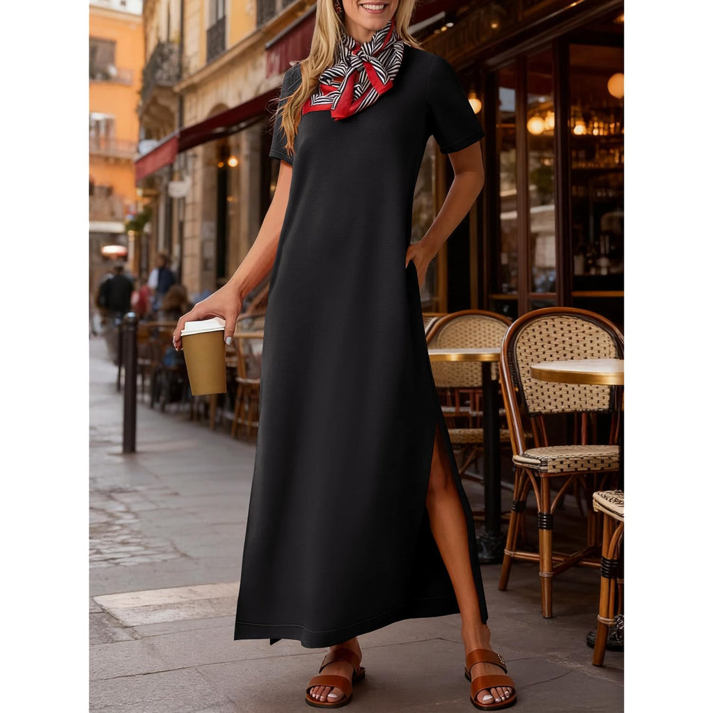 Anrabess Womens Summer Casual Maxi Dress Short Sleeve Crewneck Split Wrinkle-Free Travel Long Sundress Beach Vacation Clothes