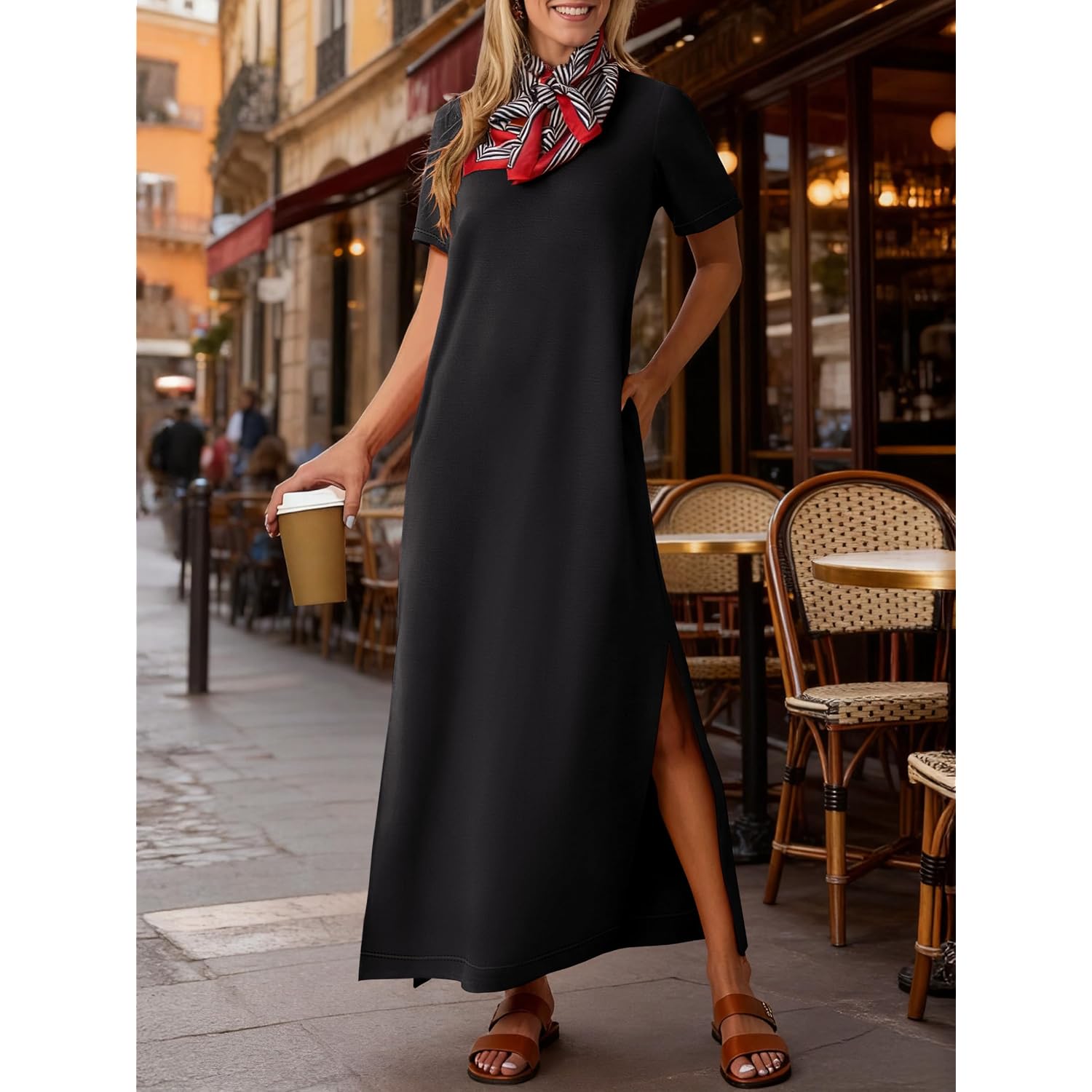 Anrabess Womens Summer Casual Maxi Dress Short Sleeve Crewneck Split Wrinkle-Free Travel Long Sundress Beach Vacation Clothes