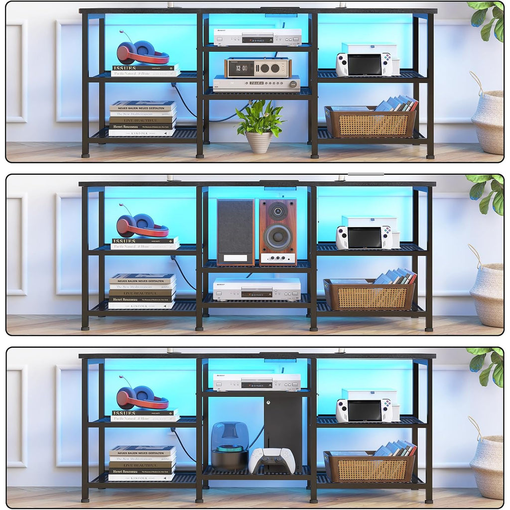 Ygeomer Entertainment Center For Tvs Up To 50 Inch, Entertainment Stand With Power Outlet And Led Lights Open Storage Shelves, Tv Console Table For Living Room And Bedroom, Black