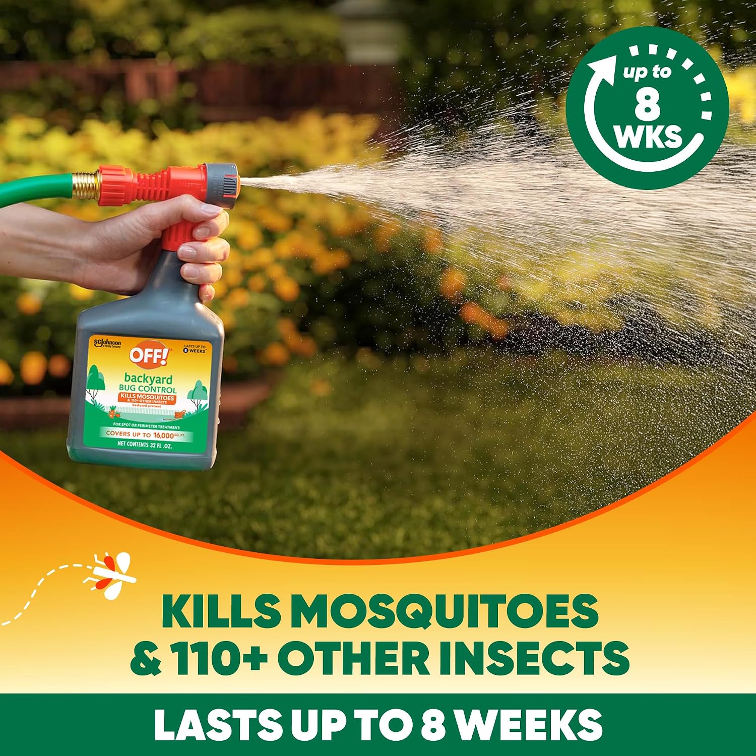 Off! Backyard Bug Control Pretreat, 32 Oz, Outdoor Bug Treatment, Covers Up To 16,000 Sq. Ft., Kills For Up To 8 Weeks, With A Convenient Hose Connection
