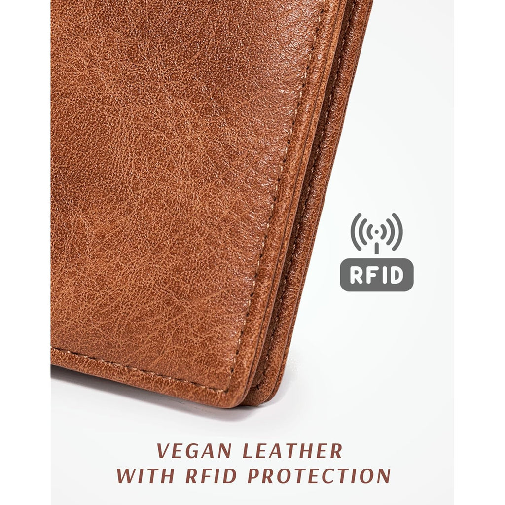 Unilily Slim Wallet Women RFID Blocking Vegan Leather Bifold Clutch Wallet Credit Card Holder with 2 ID Windows & Zip Pocket (Brown)