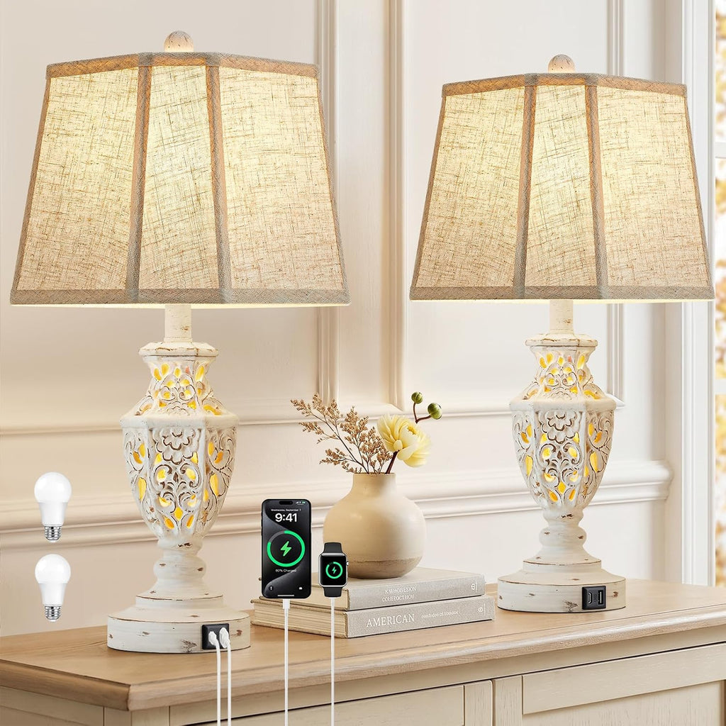 Lamps For Night Stands Set Of 2-23.5" Boho Bedside Lamp With Usb A+C And Nightlight - Cream Rustic Carved Resin Farmhouse Table Lamp For Bedrooms, End Tables, Living Room, Bulbs Included