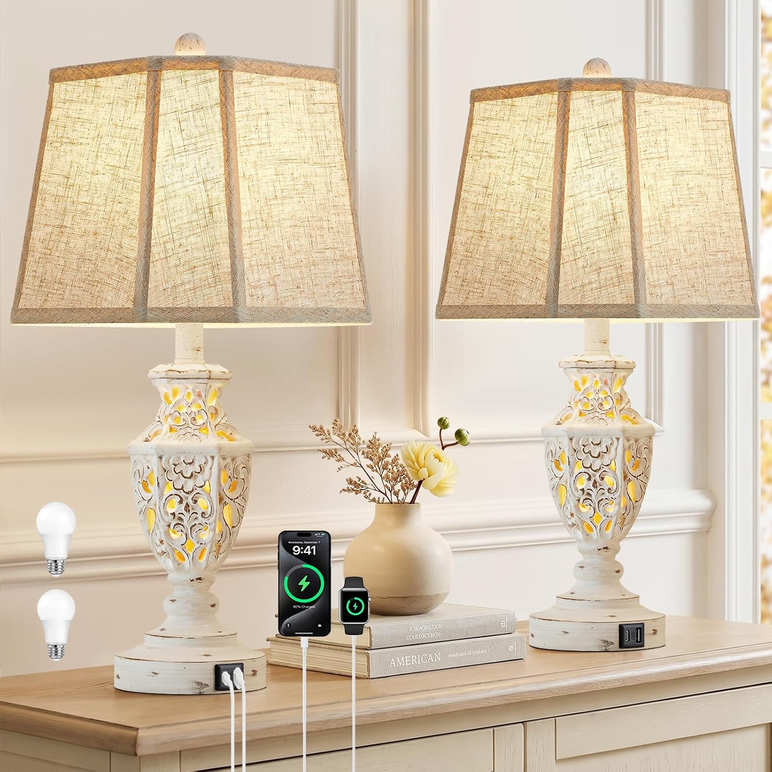 Lamps For Night Stands Set Of 2-23.5" Boho Bedside Lamp With Usb A+C And Nightlight - Cream Rustic Carved Resin Farmhouse Table Lamp For Bedrooms, End Tables, Living Room, Bulbs Included