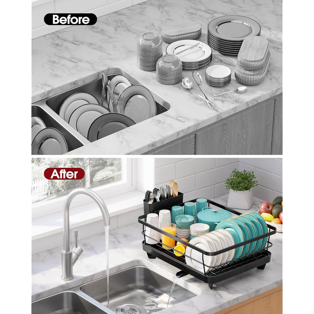 Sakugi Stainless Steel Dish Drying Rack for Kitchen Counter, Sink Organization and Storage Essentials with Silverware & Utensil Holder, Home and Apartment Decor, 12''W x 15.5''L, Black