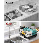 Sakugi Stainless Steel Dish Drying Rack for Kitchen Counter, Sink Organization and Storage Essentials with Silverware & Utensil Holder, Home and Apartment Decor, 12''W x 15.5''L, Black