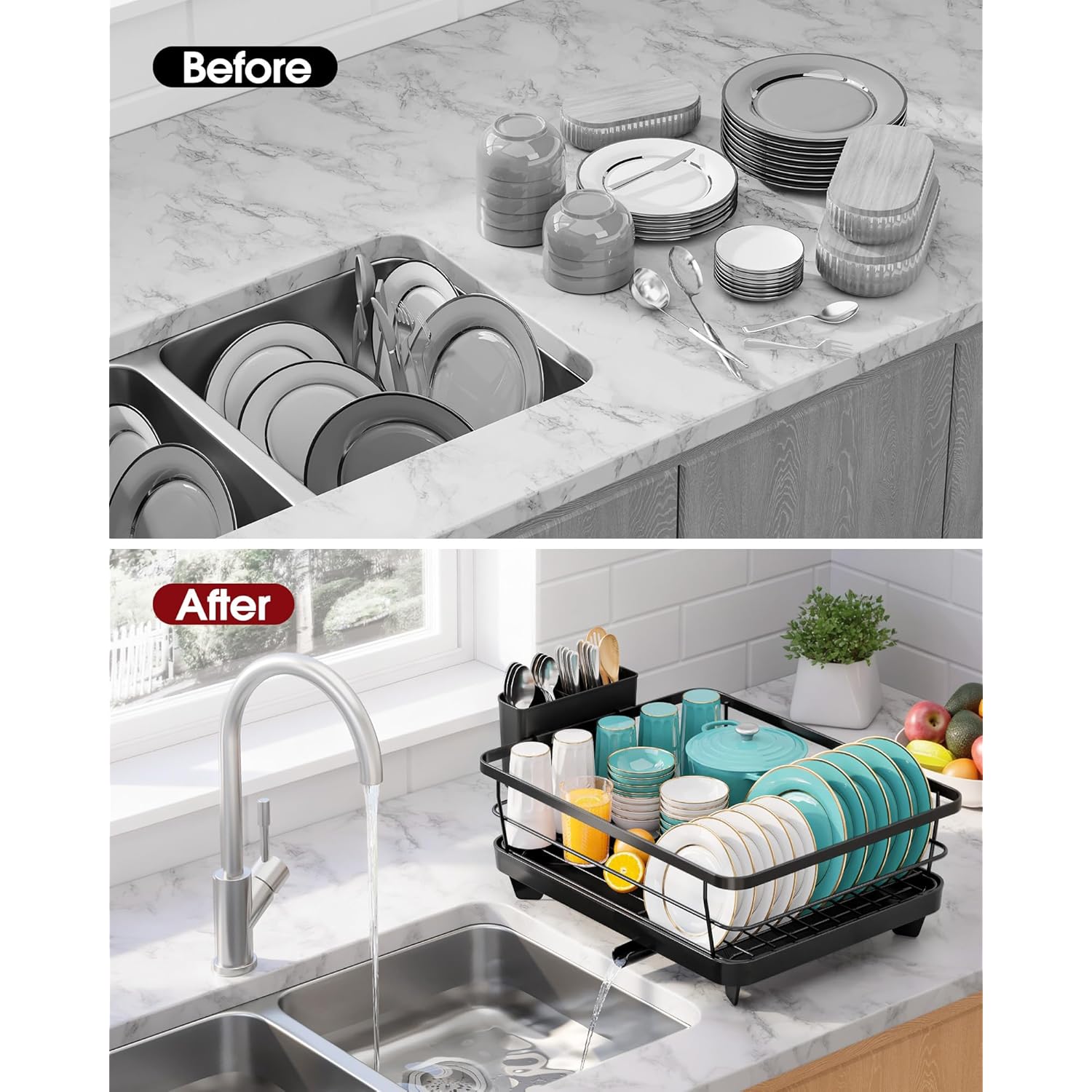 Sakugi Stainless Steel Dish Drying Rack for Kitchen Counter, Sink Organization and Storage Essentials with Silverware & Utensil Holder, Home and Apartment Decor, 12''W x 15.5''L, Black