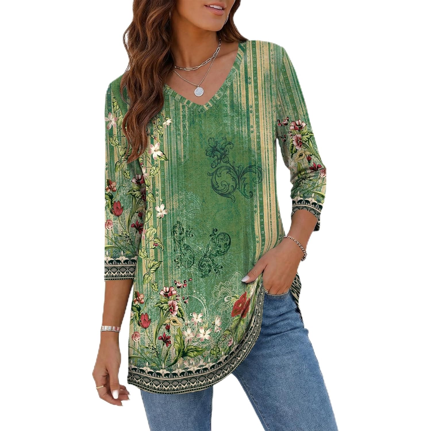 Tunic Tops for Women Loose Fit Dressy 3/4 Sleeve V Neck T Shirts Spring Tops for Women 2026