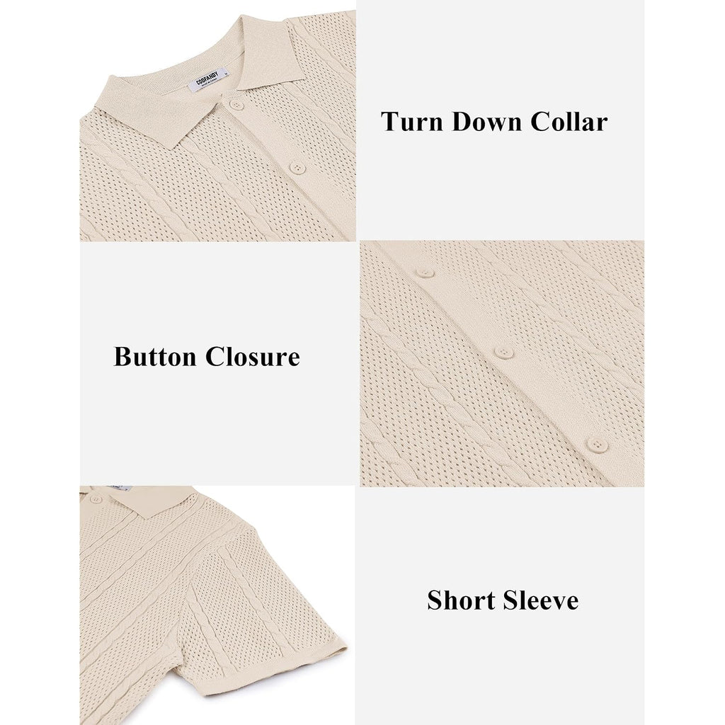 Coofandy Mens Knit Button Down Shirts Casual Textured Polo Shirt Short Sleeve Vintage Summer Beach Tops