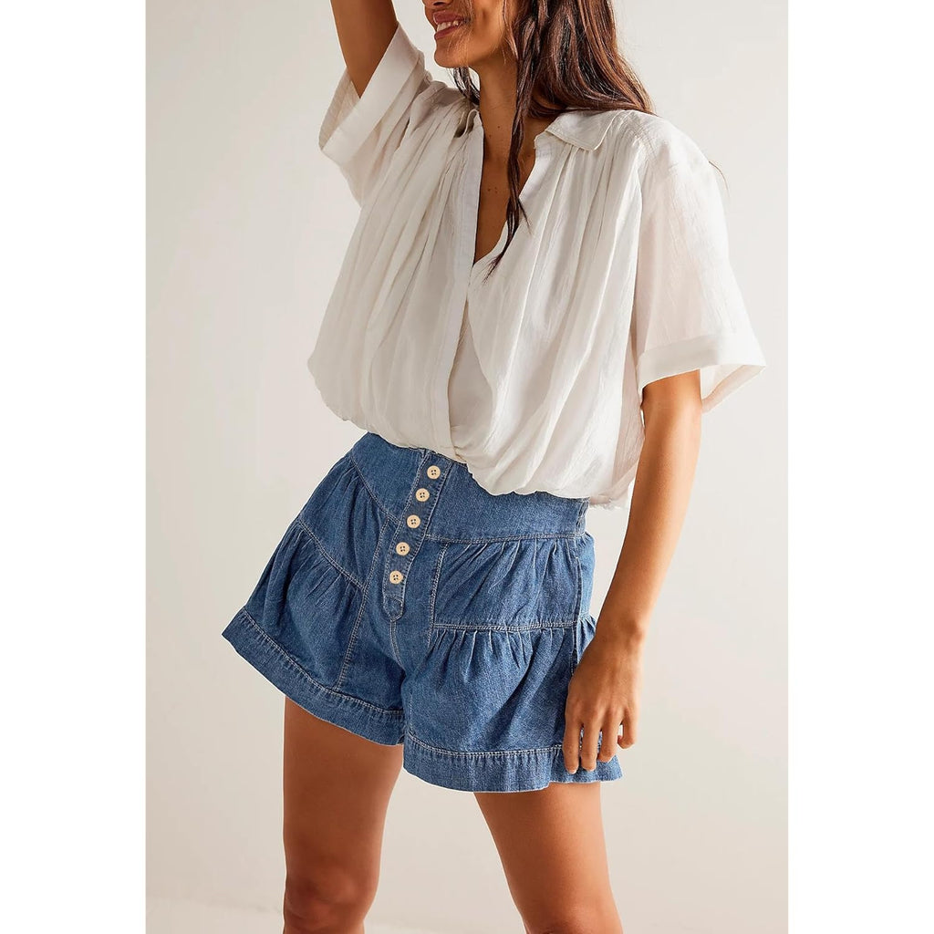 Womens Summer Flowy Jean Shorts Button Up High Waisted Wide Leg Denim Skort with Pockets