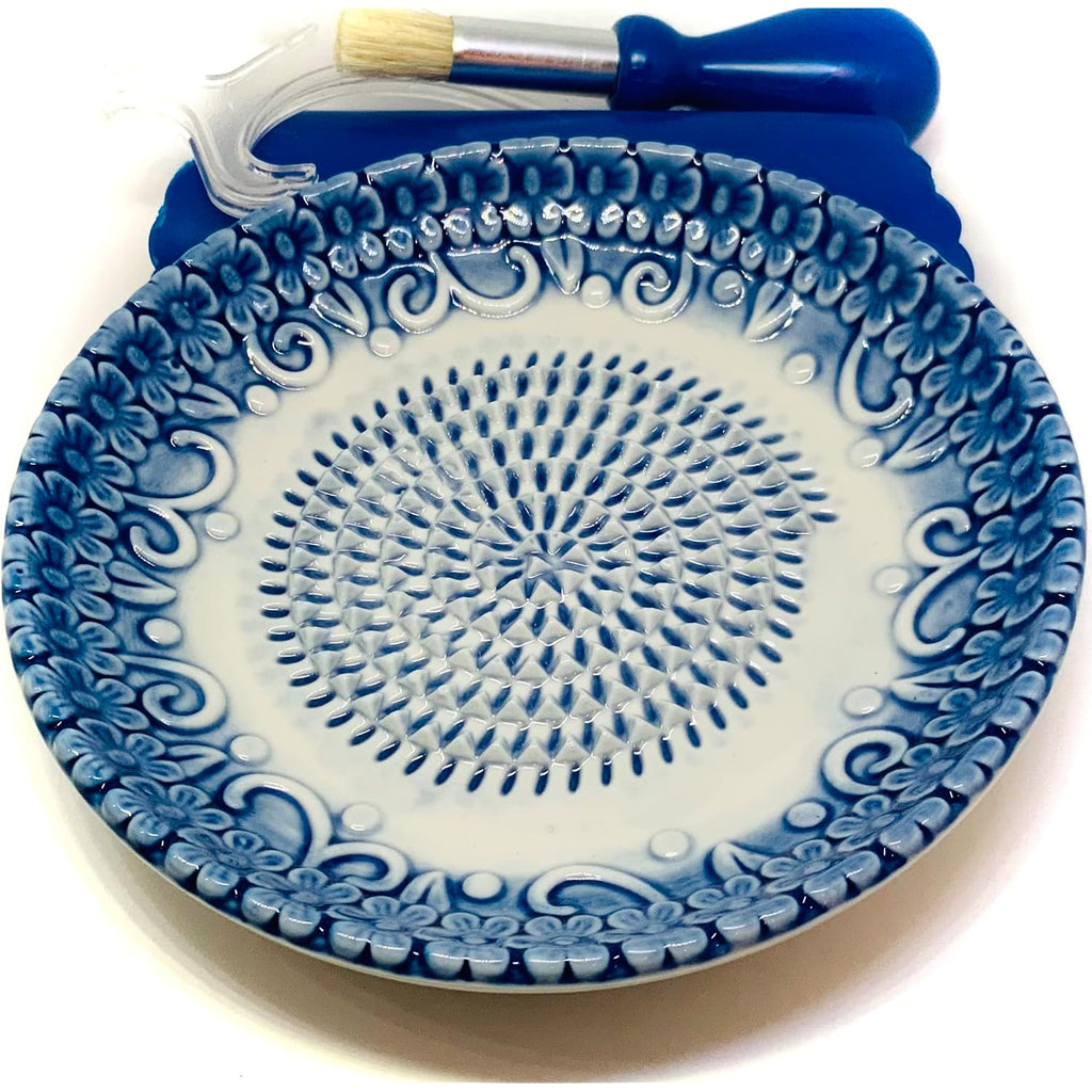 All-In-One Premium Ceramic Garlic Grater Plate 4-Piece Set - Blue Embossed Design And Style - For Garlic, Ginger, Chocolate, And More! - Comes With 5.25" Plate, Peeler, Brush, And Stand