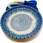 All-In-One Premium Ceramic Garlic Grater Plate 4-Piece Set - Blue Embossed Design And Style - For Garlic, Ginger, Chocolate, And More! - Comes With 5.25" Plate, Peeler, Brush, And Stand