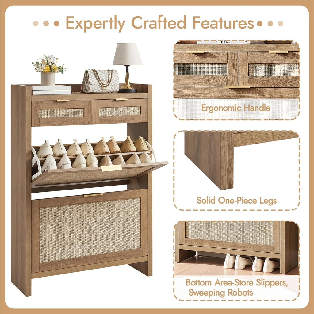 Rattan Shoe Storage Cabinet With 2 Drawers & 2 Flip Drawers – Hidden Slim Shoe Organizer For Entryway, Large Tabletop Space, Farmhouse Boho Narrow Shoe Rack, Rustic Oak