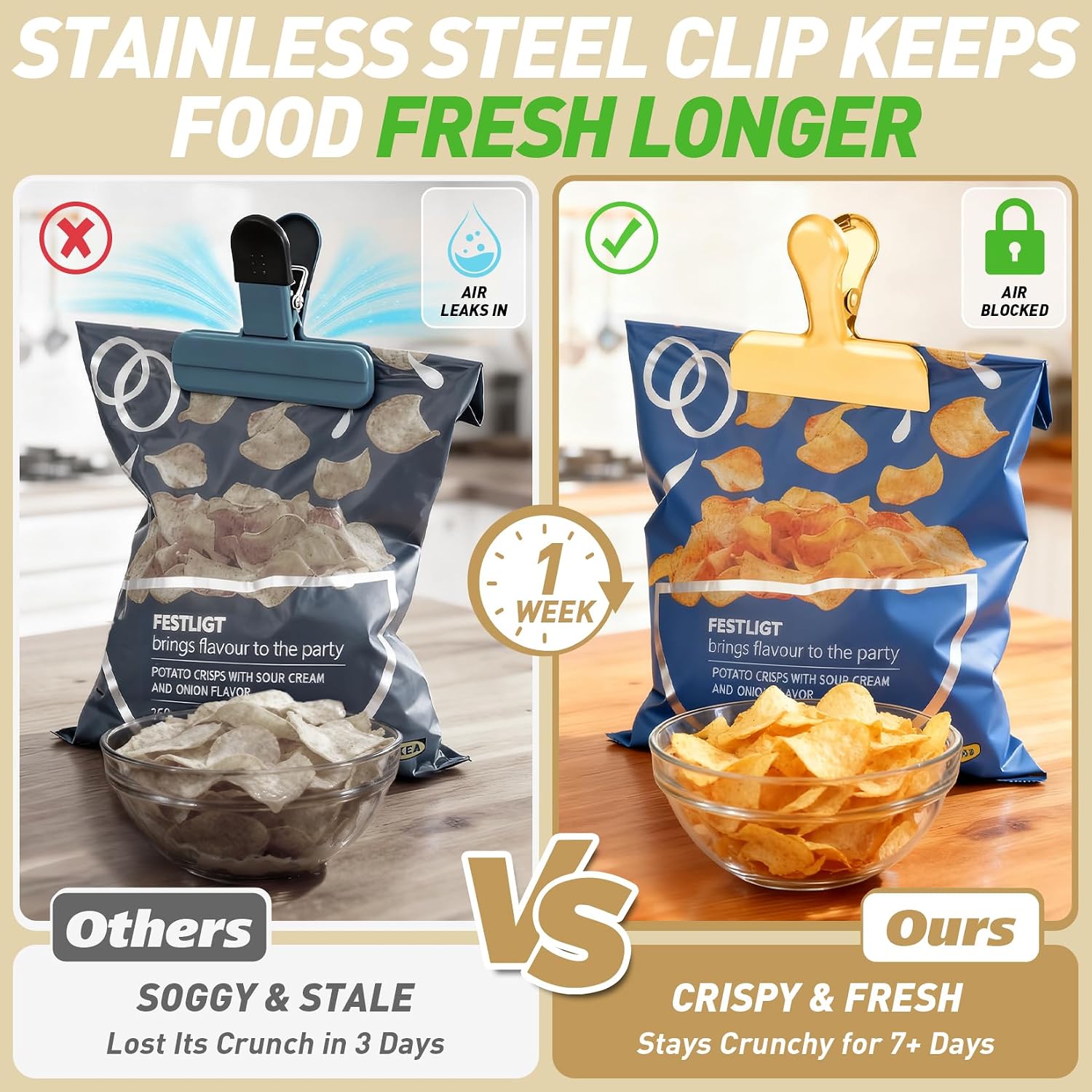 Funfery Chip Clips Bag Clips Gold Stainless Steel Clip For Food Storage,Air Tight Seal Chip Bag Clip 3 Inch Strong Food Clipp For Snack,Chips,Kitchen Decor,Home&Office Paper Heavy Duty-8 Pack