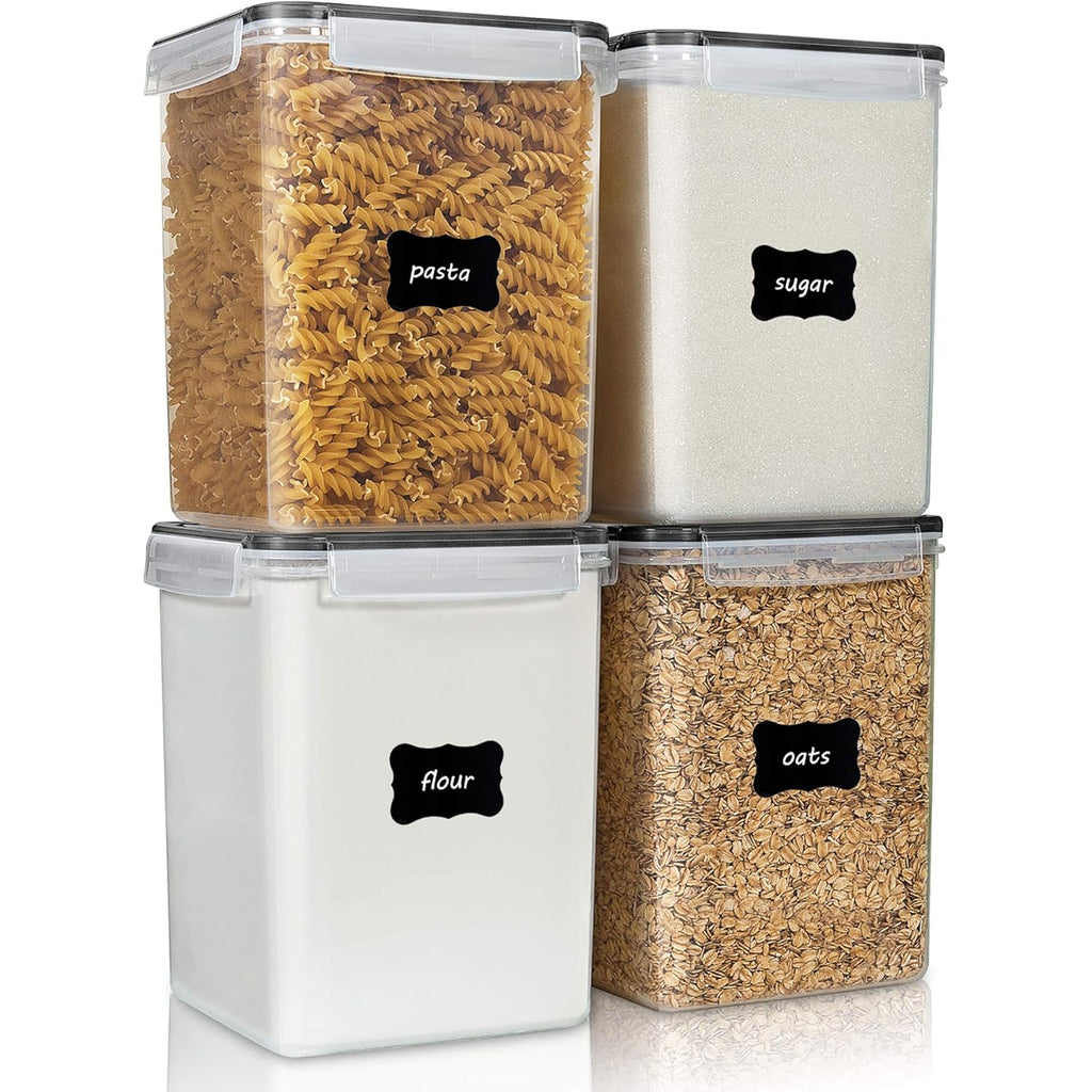 Vtopmart 4 PCS Large Food Storage Containers 5.2L / 175oz, 4 Pieces BPA Free Plastic Airtight Canisters for Flour, Sugar, Baking Supplies, Rice with Lids, 4 Measuring Cups and 24 Labels, Black