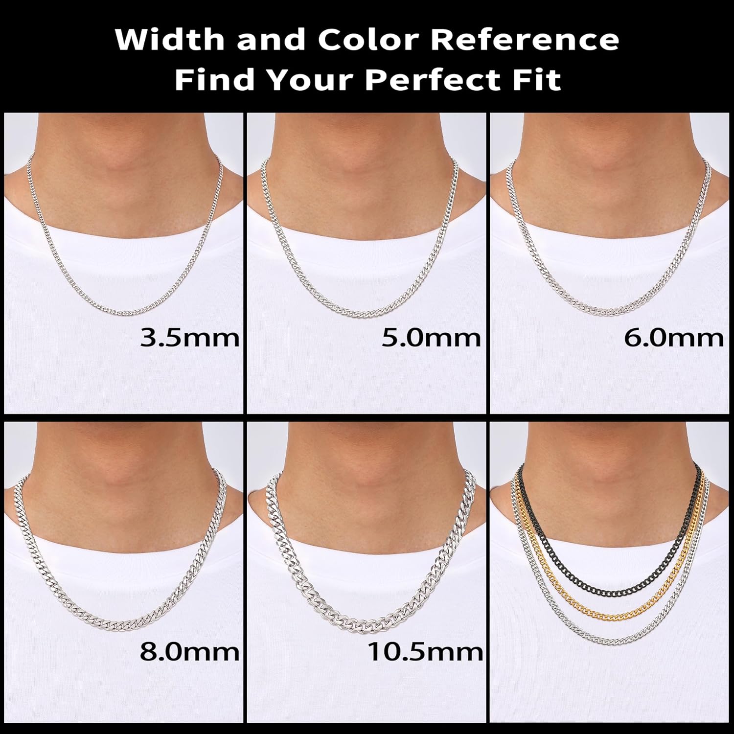 Fiusem 3.5mm Cuban Link Chains for Men, Silver Tone/Black/14K Gold Plated Stainless Steel Necklace Chain, Mens Necklace 16, 18, 20, 22, 24, 26, 28 Inch
