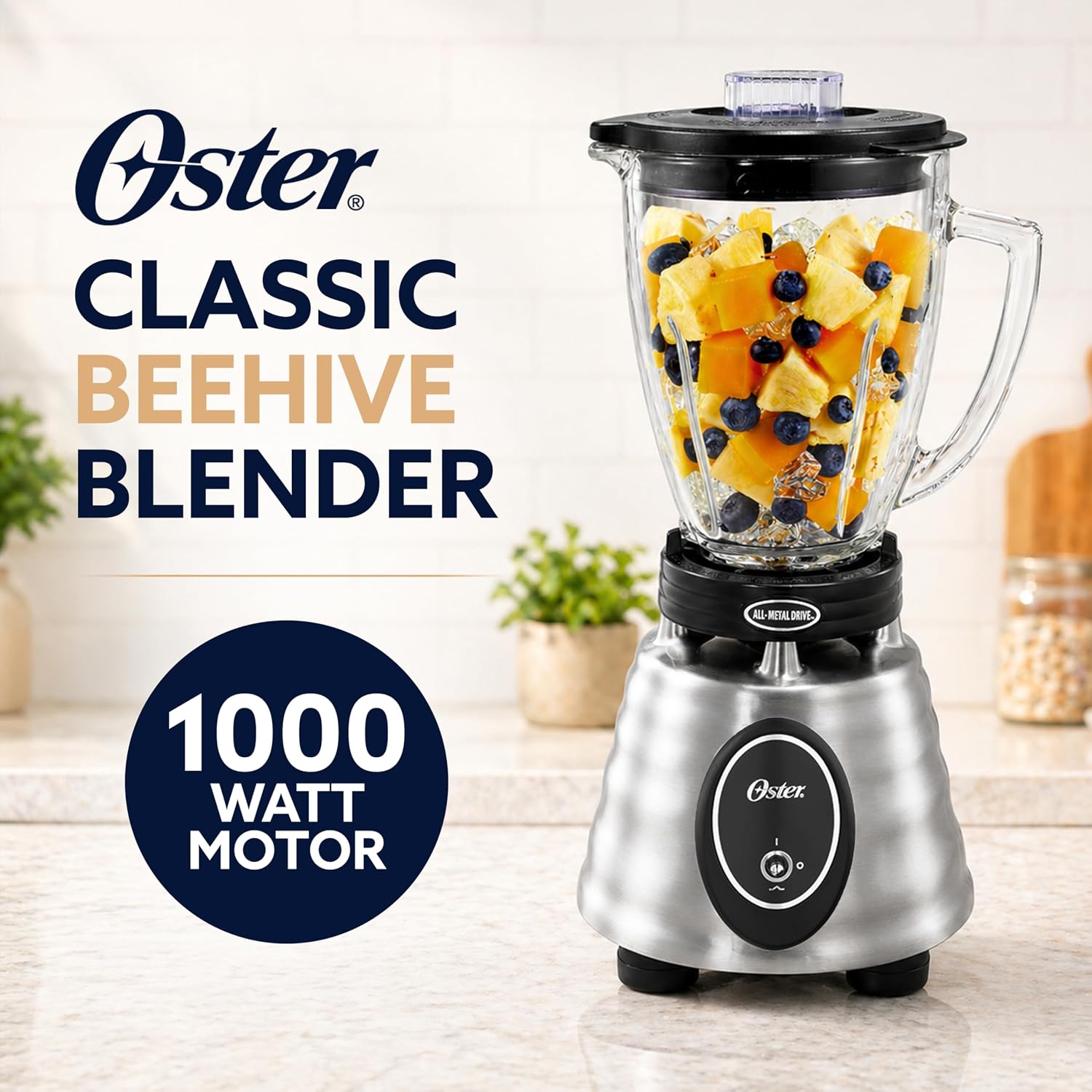 Oster Classic Series Heritage Blender With 6-Cup Glass Jar, 1000 Peak Watts, 600 Rated Watts, Stainless Steel Countertop Blender