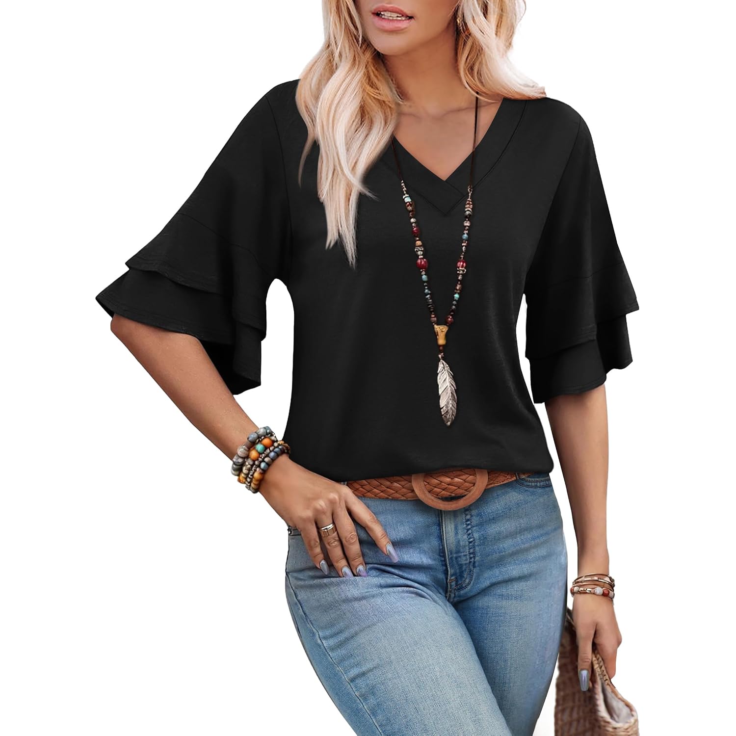 Ofeefan Spring Tops For Women Boho Shirts Fashion Clothing Cute 3/4 Length Sleeve Blouses Dressy Casual Summer Outfits