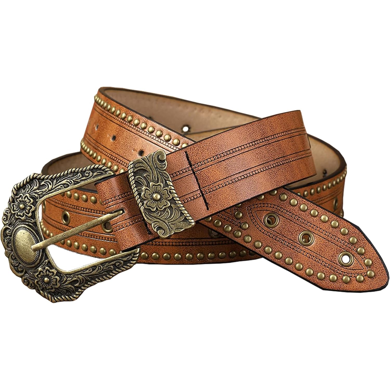 Mealah Vintage Western-Cowboy-Belt for Women Men - Carved Buckle PU Leather Waist Belts (for Waist 28"-38")