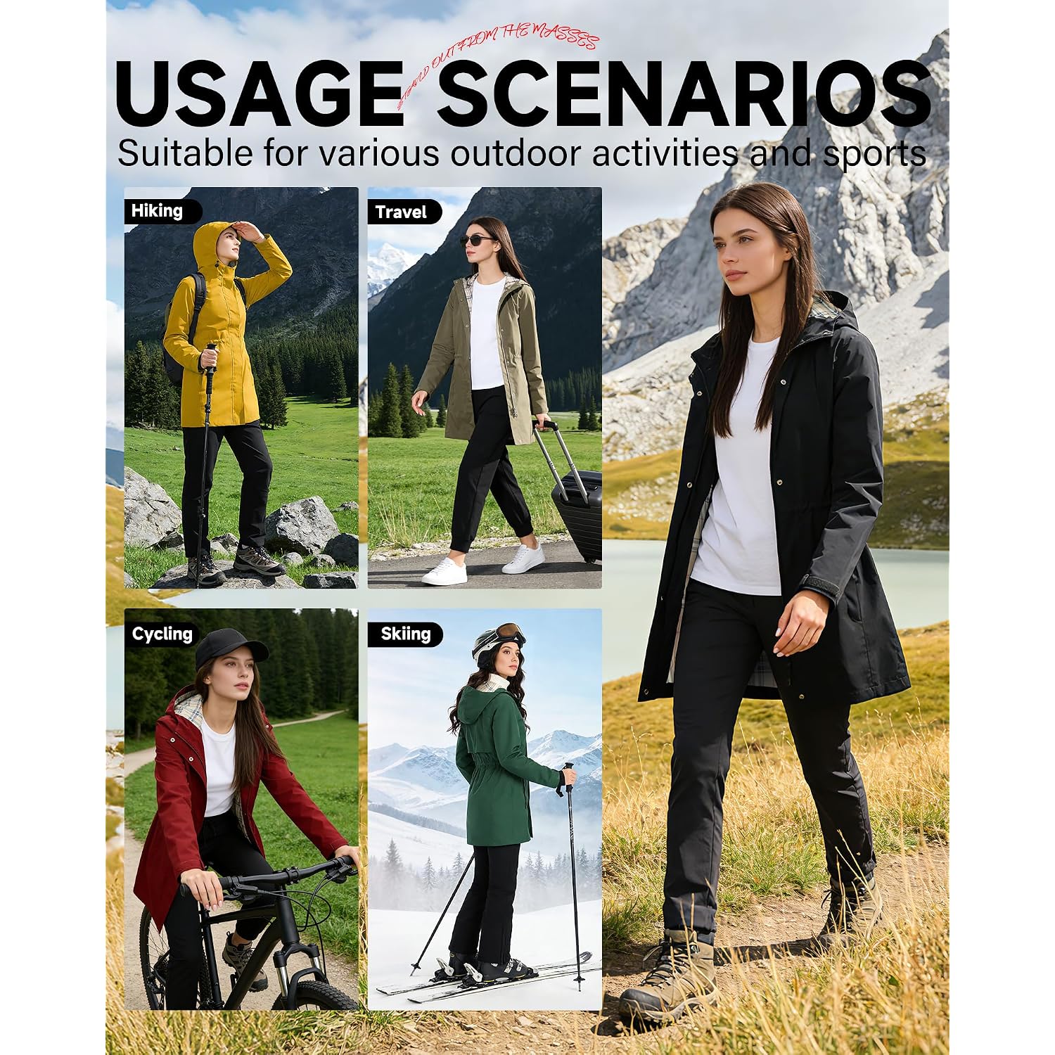 Women'S Rain Jacket Packable Long Raincoat Hooded Plaid Lined Trench Coat Waterproof Windproof Lightweight For Outdoor